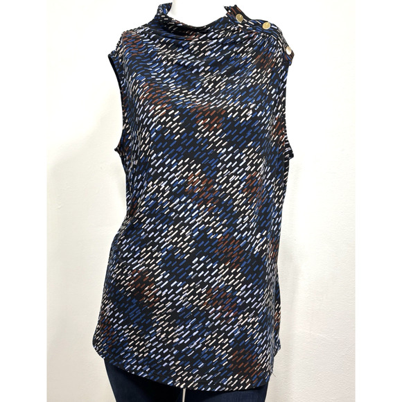 DKNY Geometric Sleeveless Blouse Shoulder Button Detail Career Casual Sz Medium - Picture 1 of 6